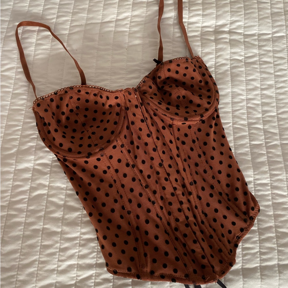 Brown polka dot Urban Outfitters Out From Under Lucy Flocked Dots corset top🤎